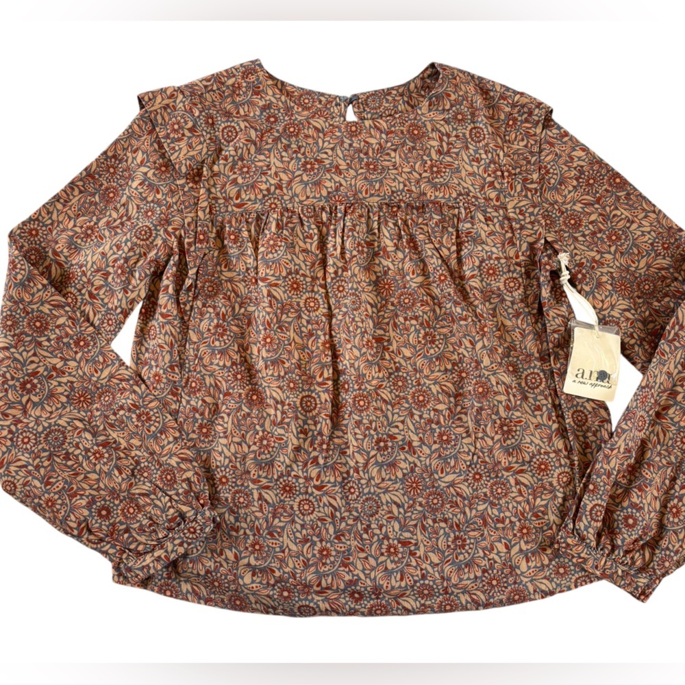 A.N.A. M Boho Floral Cotton Blouse XS Flutter Sleeve Keyhole Back NWT